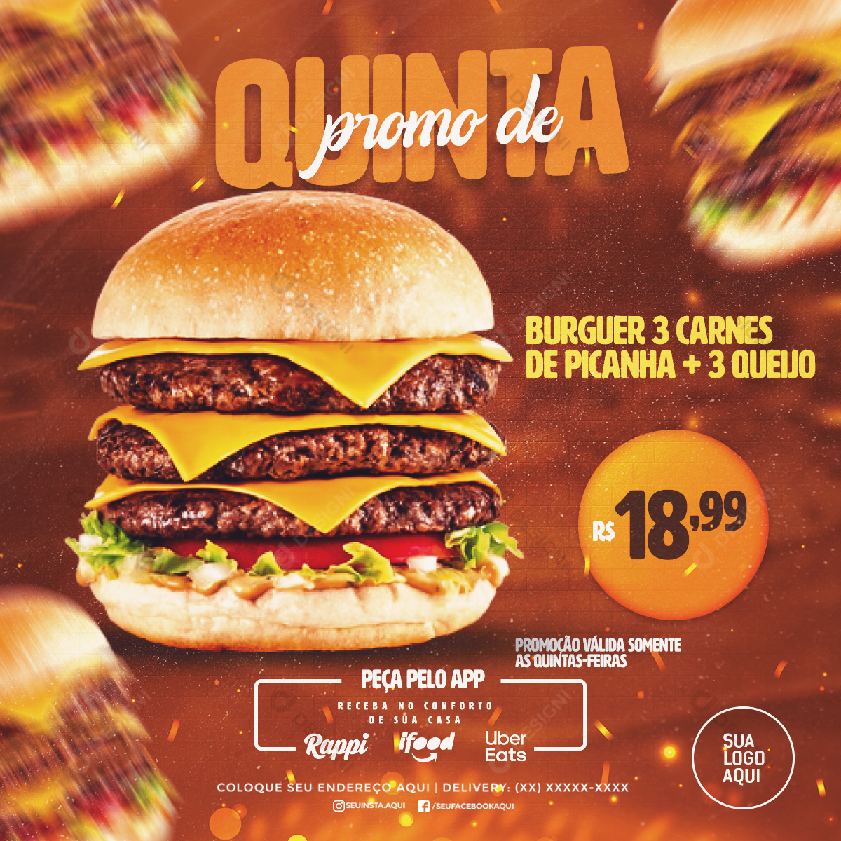 Promo de Quinta Hambúrguer 3 Carnes de Picanha + 3 Queijos Social Media PSD Editável