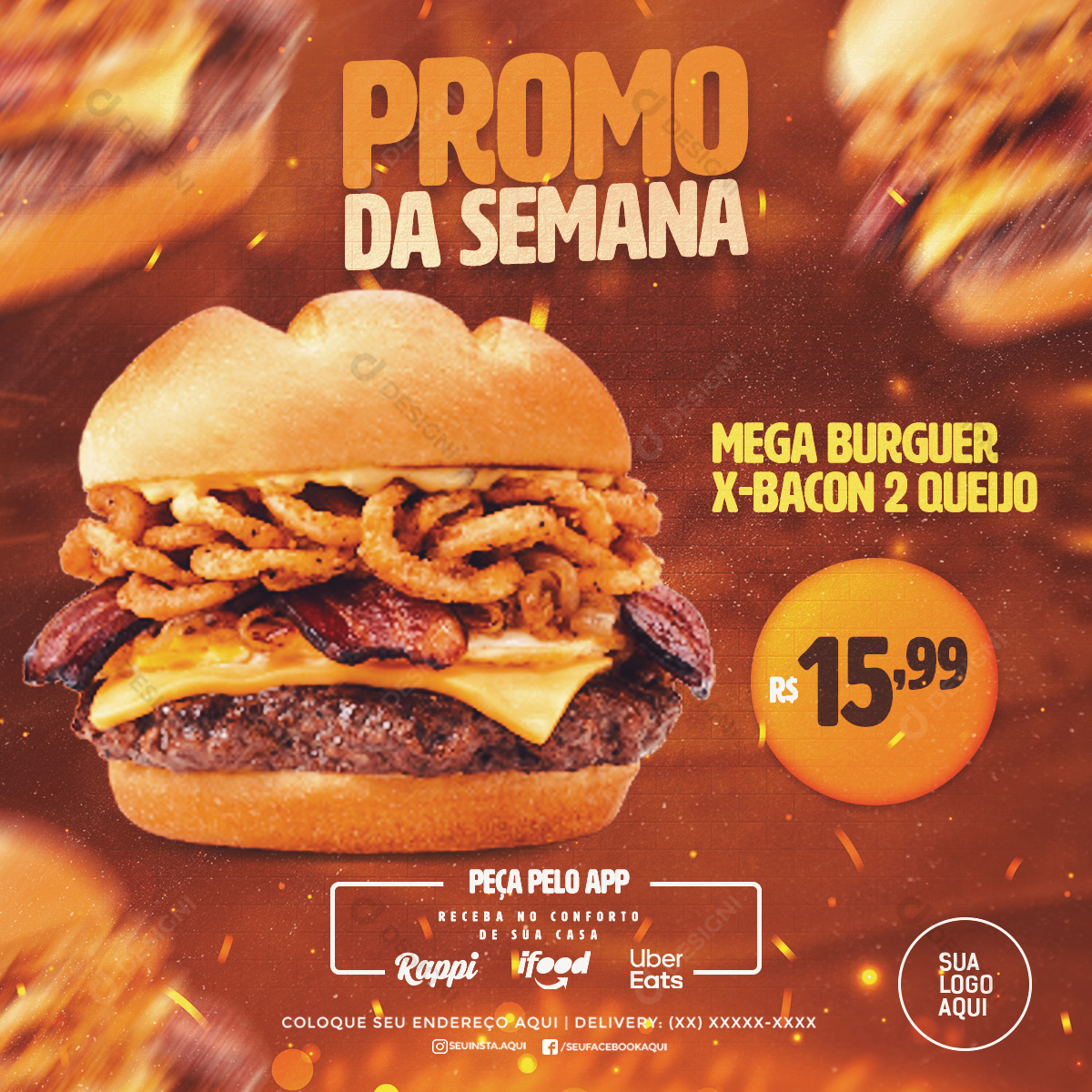 Promo da Semana Mega Burguer X-Bacon 2 Queijos Social Media PSD Editável