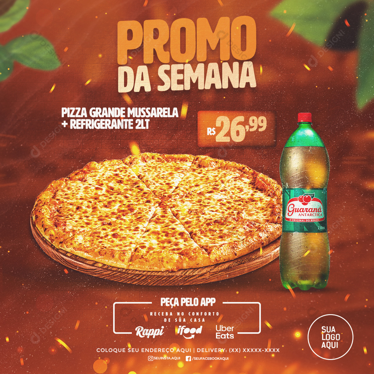 Promo da Semana Pizza Grande Mussarela + Refrigerante 2L Social Media PSD Editável