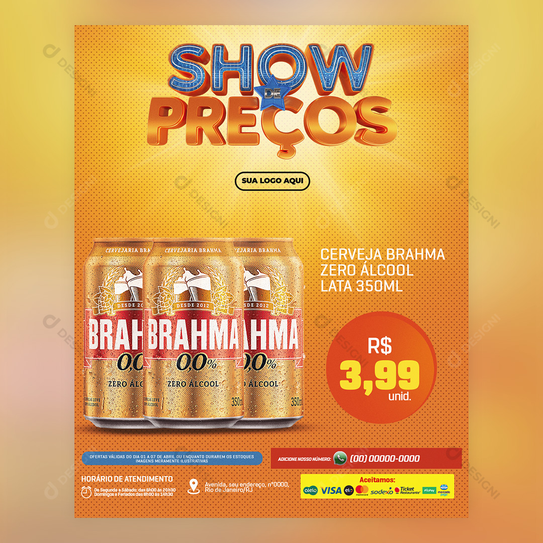 Show de Preços Supermercado Cerveja Brahma Zero Álcool 350ml Social Media PSD Editável