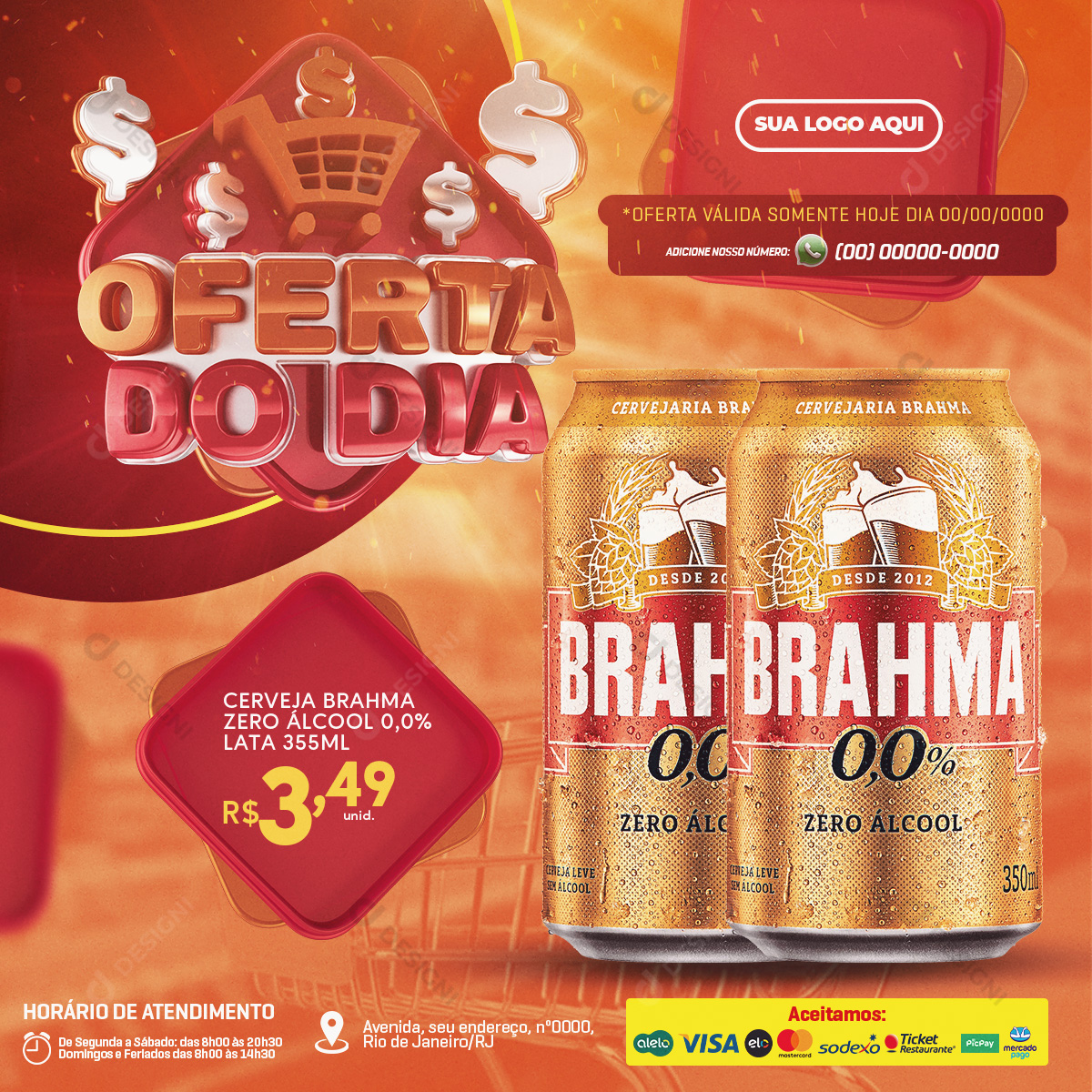 Oferta do Dia Supermercado Cerveja Brahma Zero Álcool 355ml Social Media PSD Editável