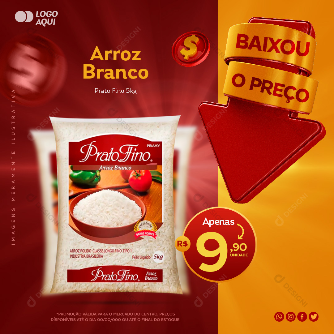 Prato Fino Arroz Branco Social Media PSD Editável