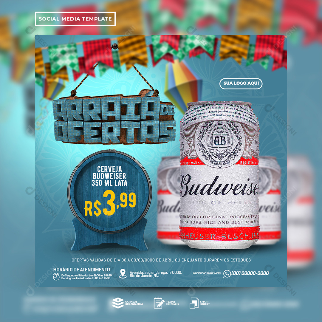 Arraiá de Ofertas Cerveja Budweiser Social Media PSD Editável