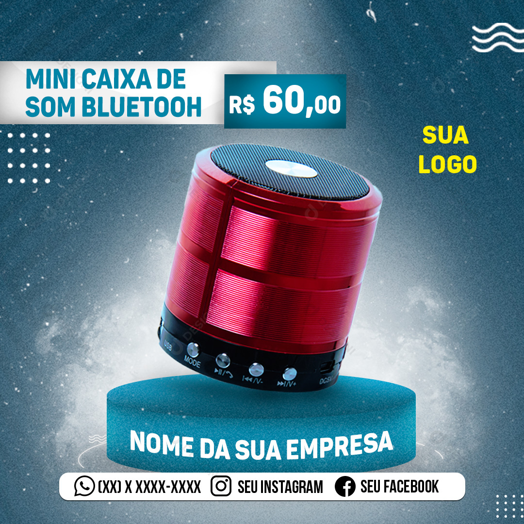 Mini Caixa de Som Bluetooth Social Media PSD Editável