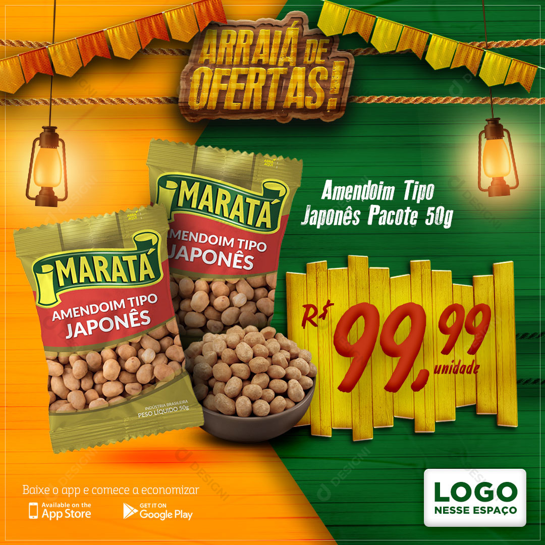 Arraiá de Ofertas Amendoin Maratá Social Media PSD Editável