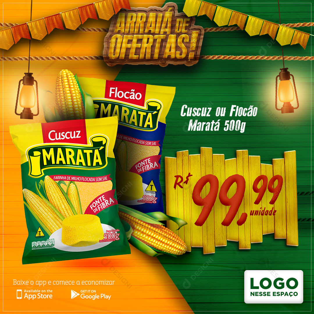 Arraiá de Ofertas Flocão Marata Social Media PSD Editável