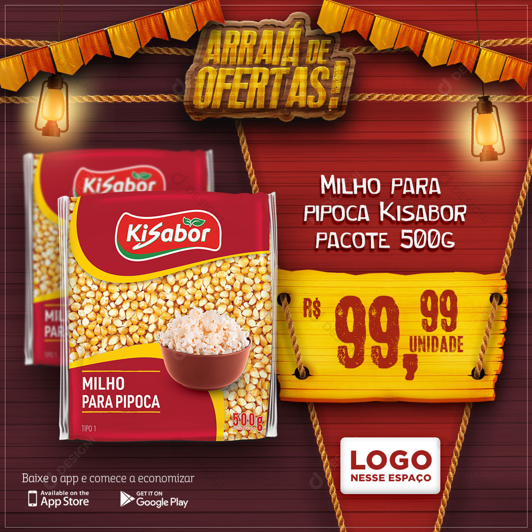 Arraiá de Ofertas Milho Para Pipoca Kisabor Social Media PSD Editável