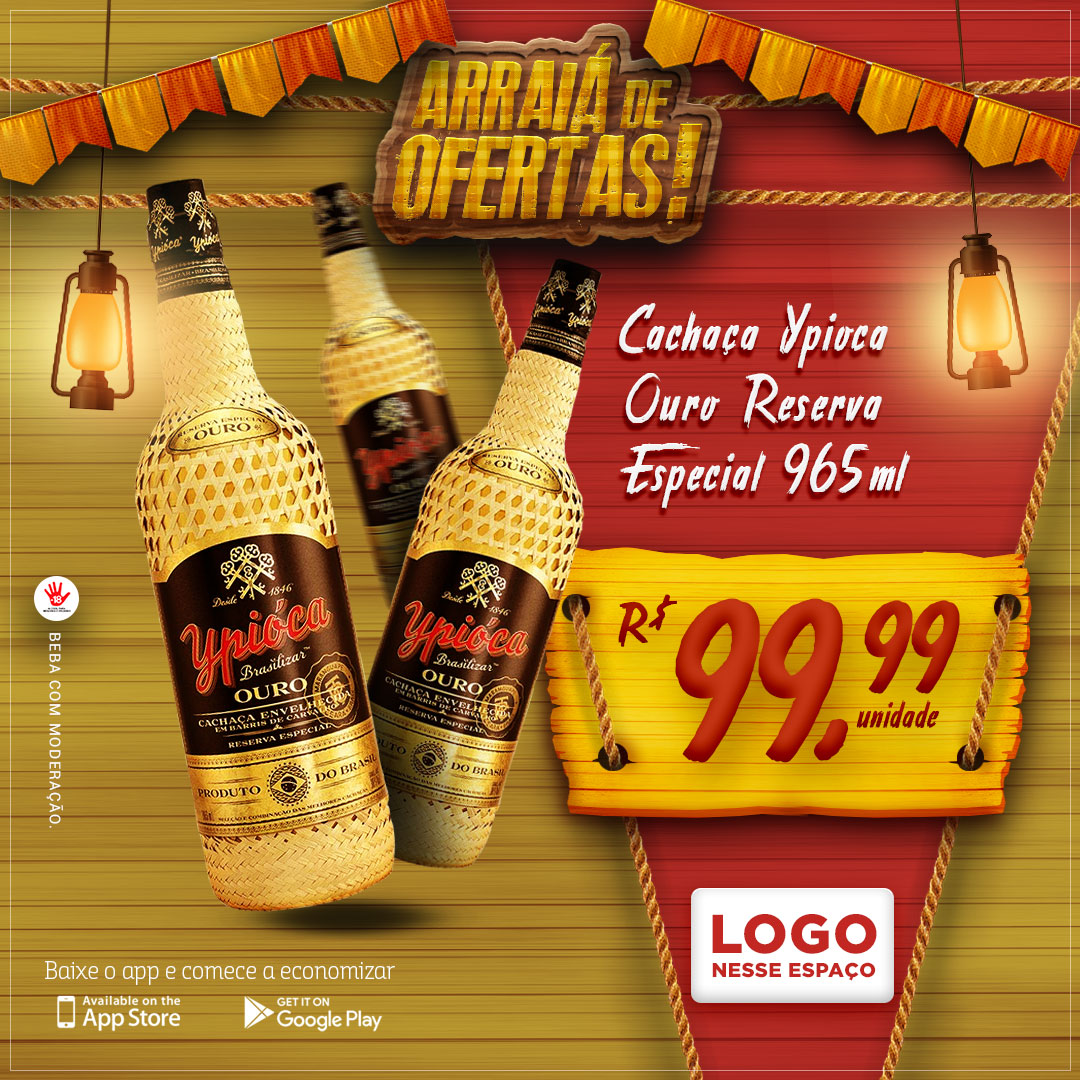 Arraiá de Ofertas Cachaça Ypioca Ouro Social Media PSD Editável