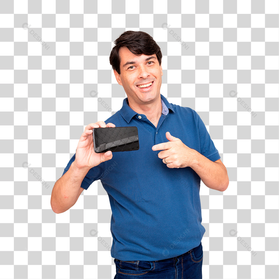 Homem Com Camiseta Azul Mostrando Celular PNG Transparente Sem Fundo