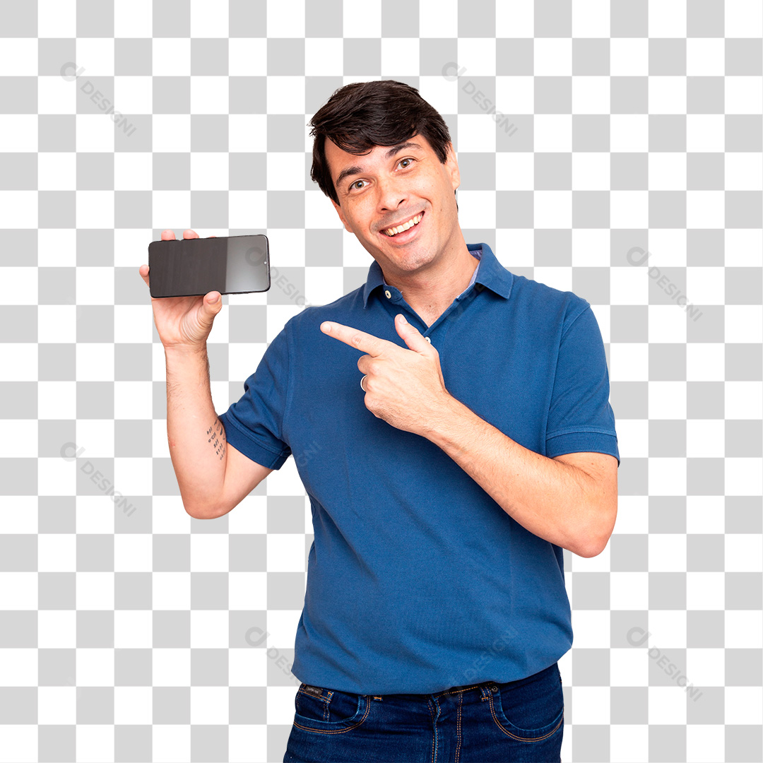 Homem de 40 anos Apontando Para celular PNG Transparente Sem Fundo