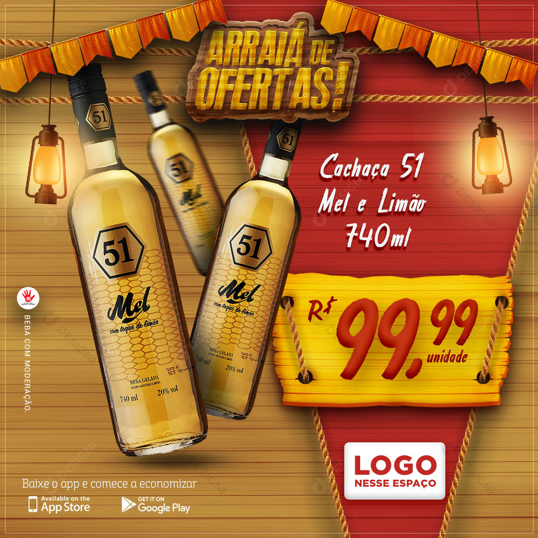 Arraiá de Ofertas Cachaça 51 Mel e Limão Social Media PSD Editável