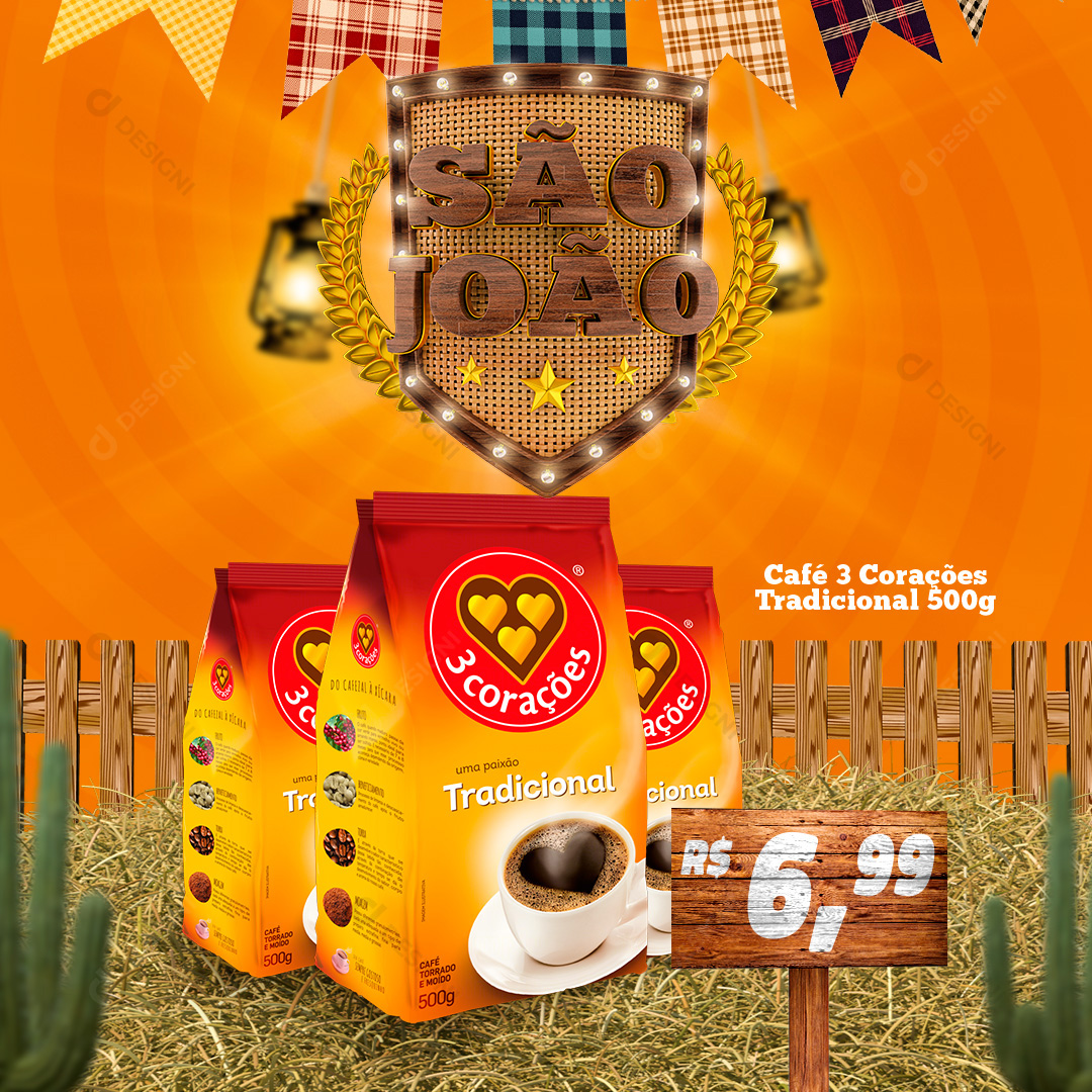 São João Café 3 Corações Tradicional Social Media PSD Editável