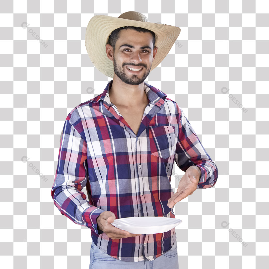 Homem Caipira Com Camisa Xadrez Mostrando Prato São João PNG