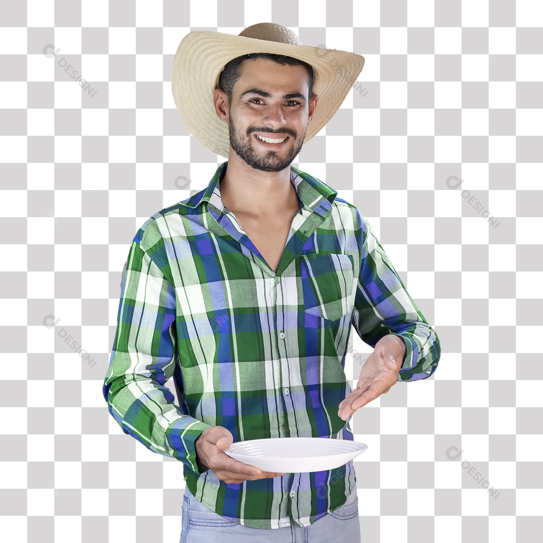 Homem Caipira Com Camisa Xadrez Mostrando Prato PNG São João