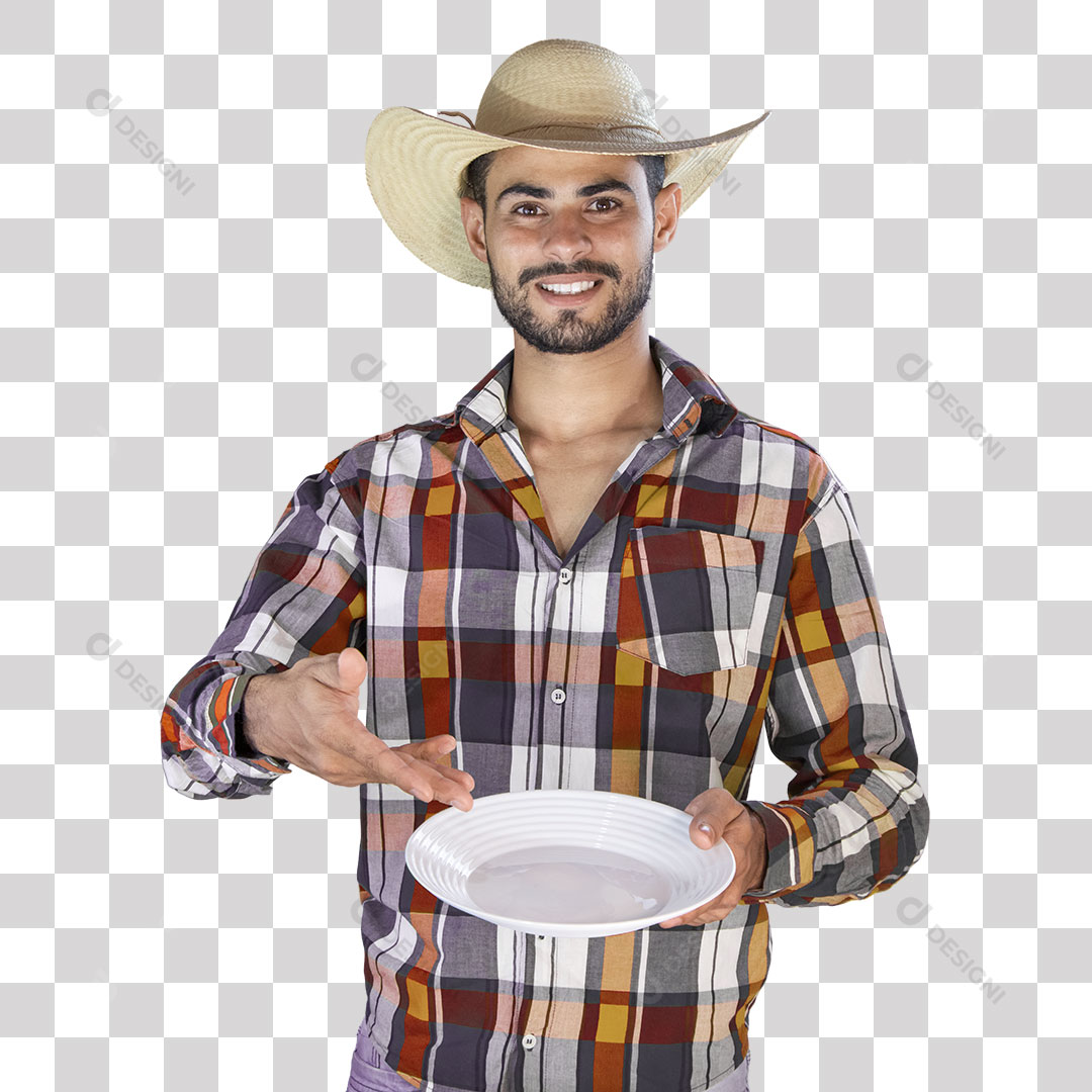Homem Caipira Mostrando Prato Vazio Com Camisa Xadrez PNG São João