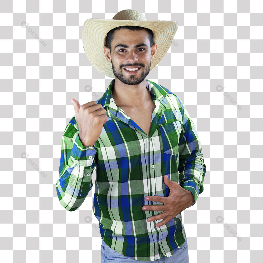 Homem Caipira Camisa Xadrez Apontando Dedo Polegar Para o Lado PNG São João