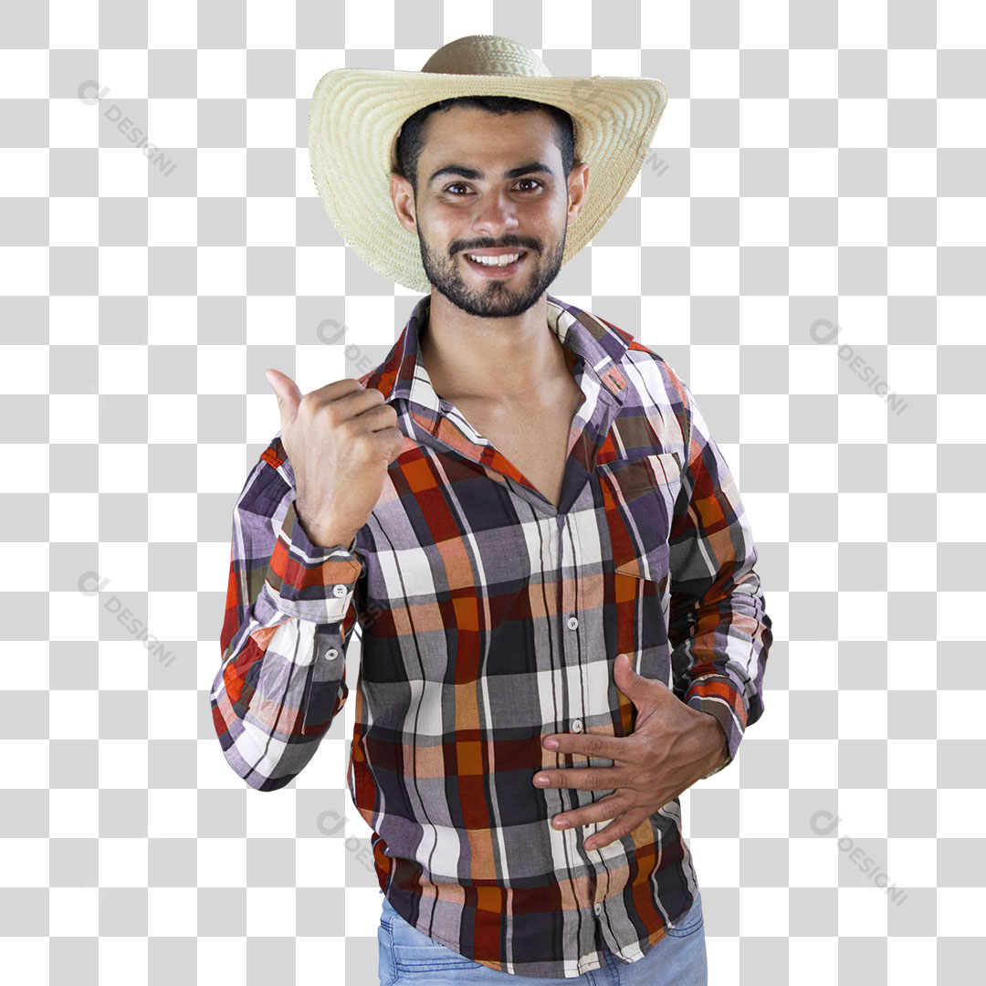Homem Caipira Camisa Xadrez Apontando Dedo Polegar Para o Lado São João PNG