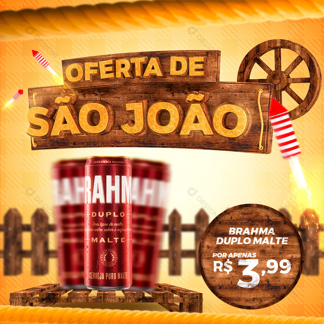 Ofertas de São João Cerveja Brahma Dublo Malte Social Media PSD Editável