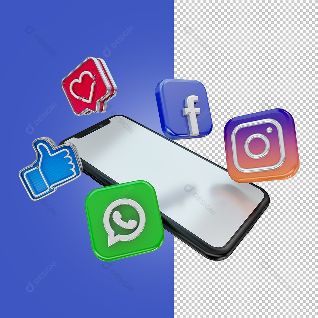 Celular 3D Com Ícones Redes Sociais PNG Transparente Sem Fundo