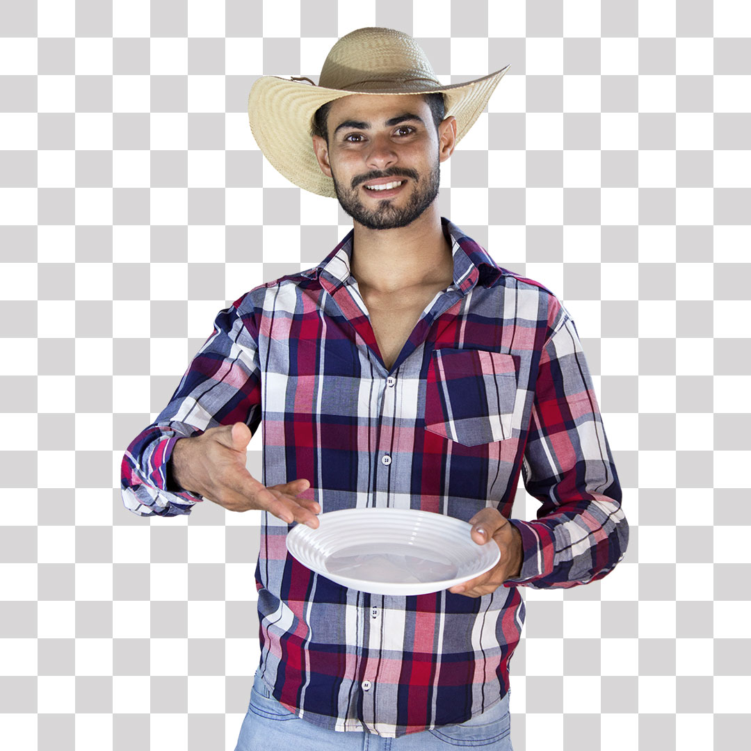 Homem Jovem Caipira Mostrando Prato Vazio PNG Transparente
