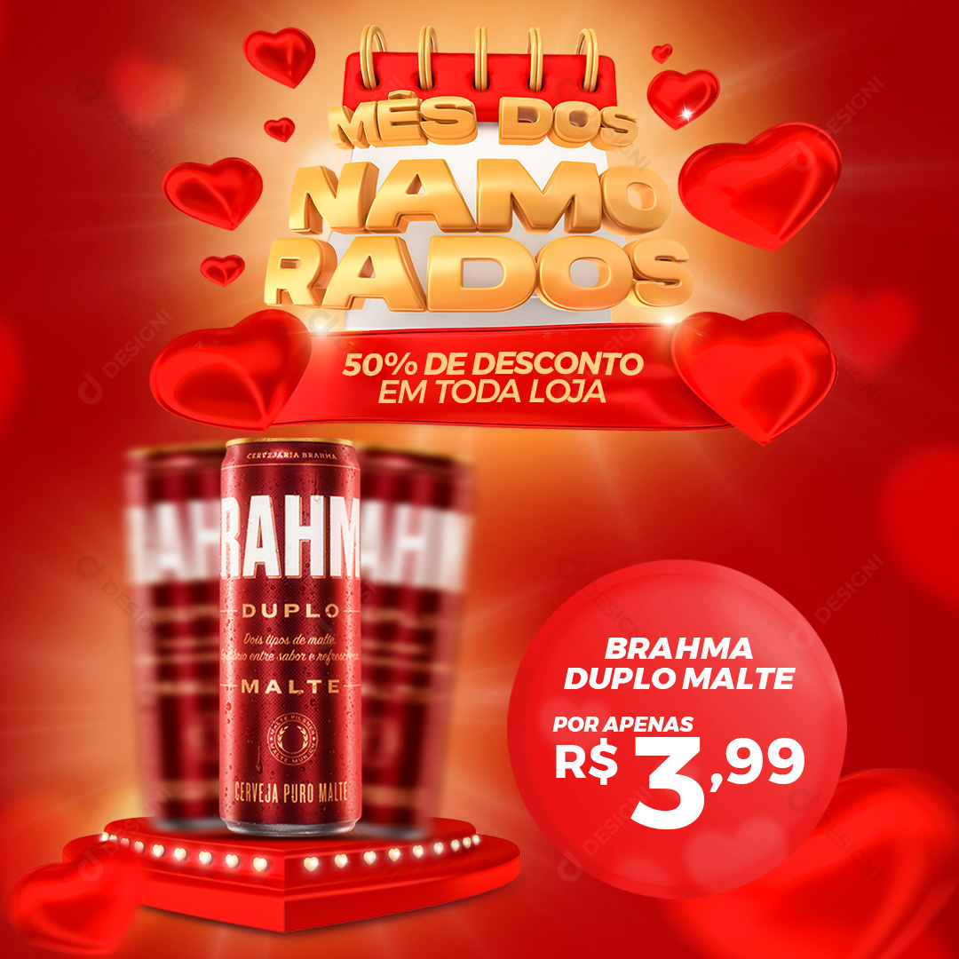 Mês Dos Namorados 50% de Desconto Cerveja Brahma Duplo Malte Social Media PSD Editável