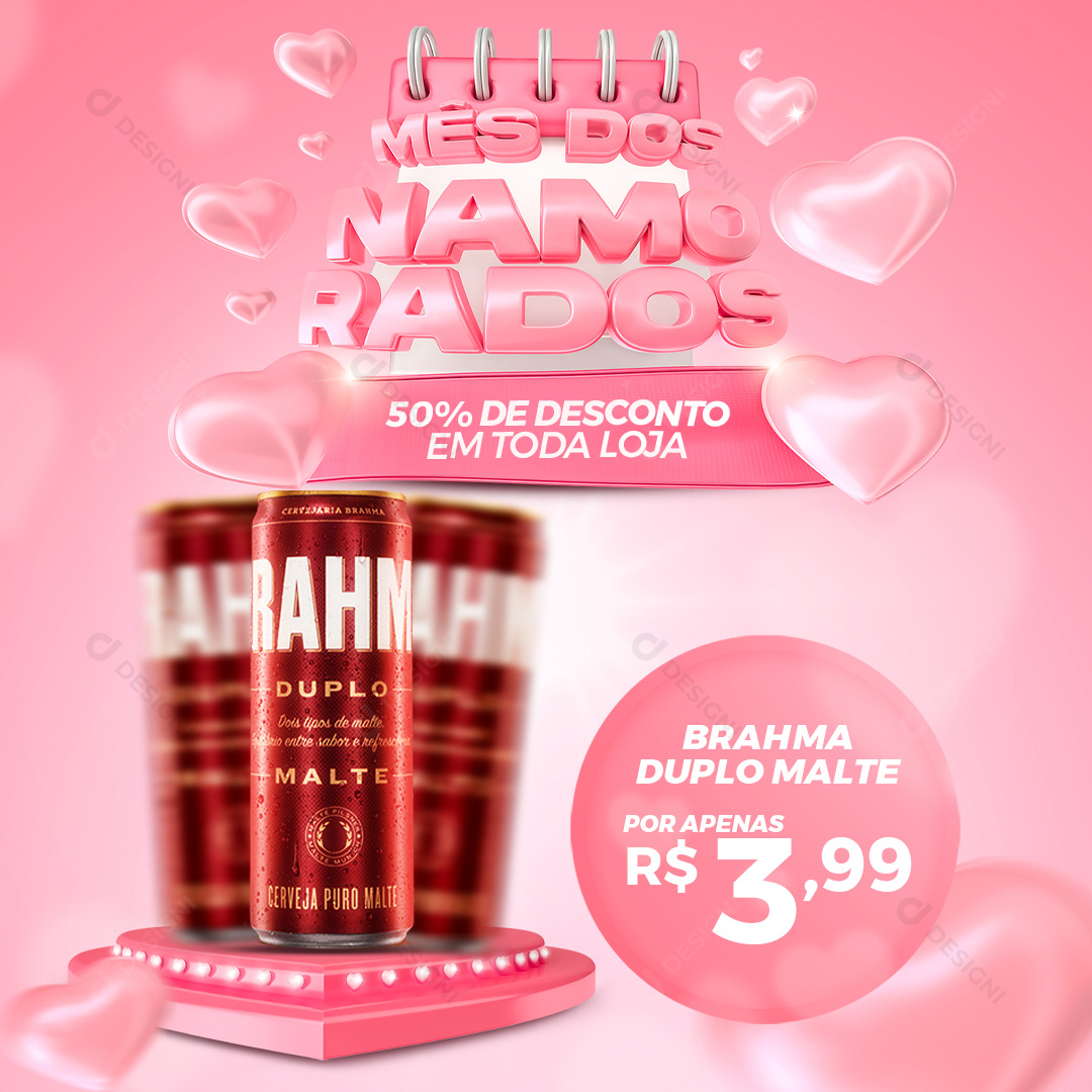 Mês Dos Namorados 50% de Desconto Cerveja Brahma Duplo Malte Social Media PSD Editável