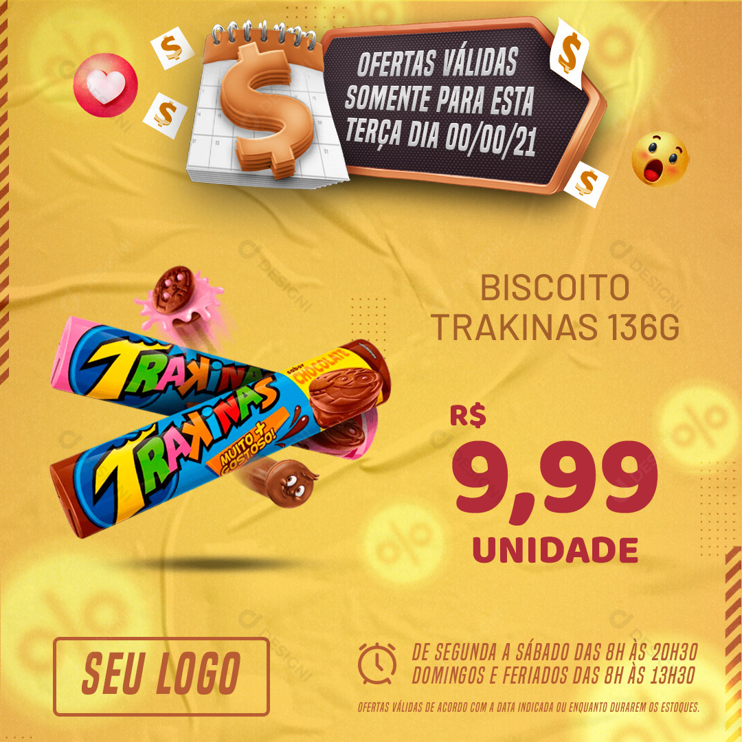 Supermercado Biscoito Trakinas 136G Social Media PSD Editável