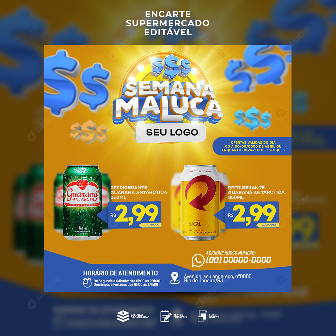 Supermercado Semana Maluca Bebidas Social Media PSD Editável