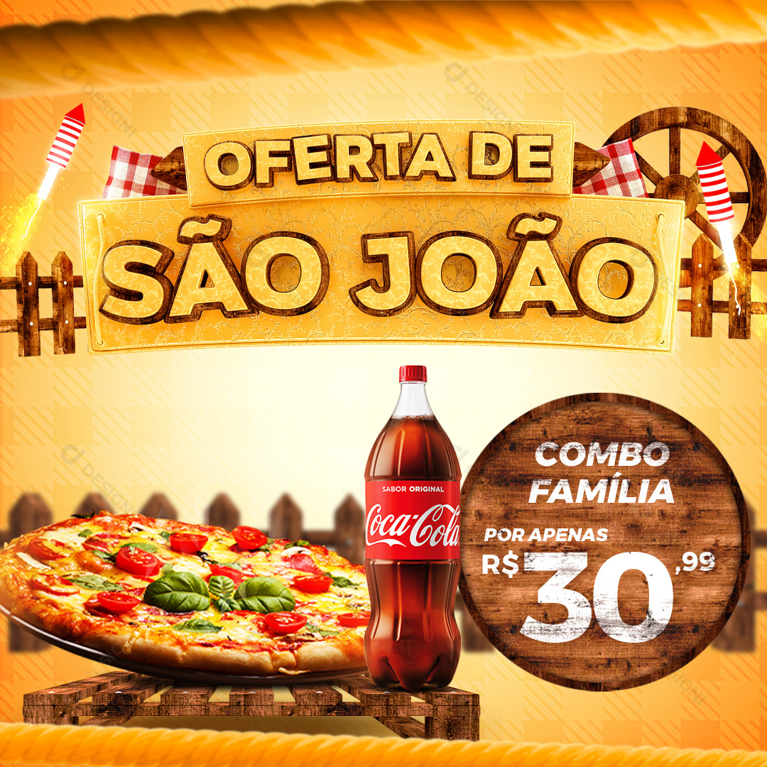 Oferta de São João Pizzaria Pizza Tamanho Família Social Media PSD Editável