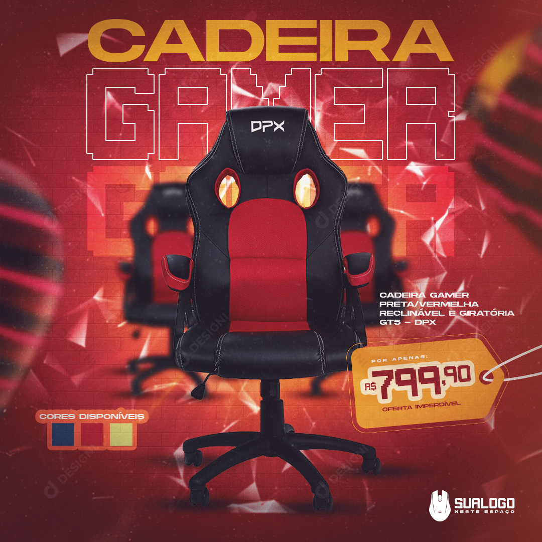 Cadeira Gamer DPX Preta Vermelha Reclinável Social Media PSD Editável