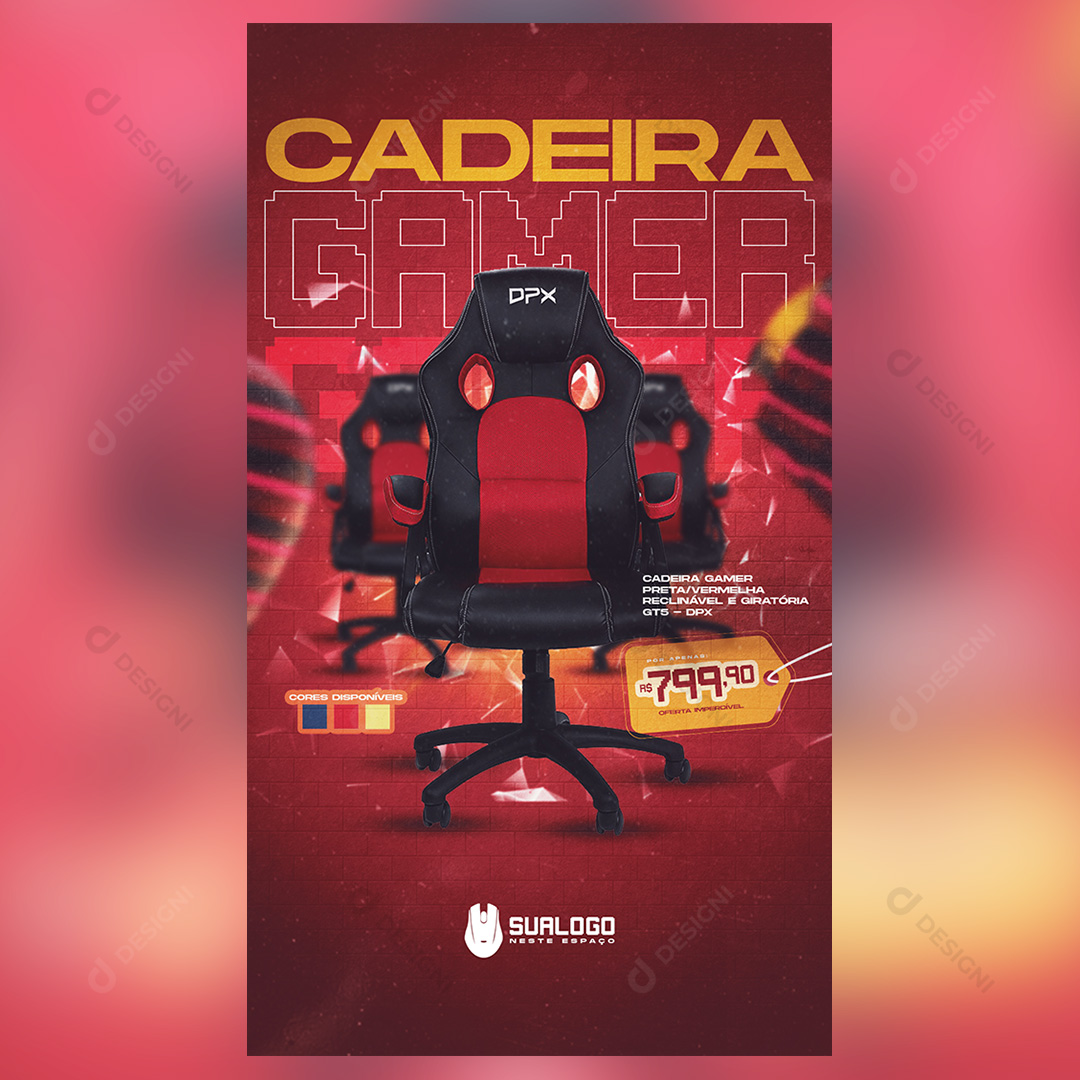 Story Cadeira Gamer DPX Preta Vermelha Reclinável Social Media PSD Editável