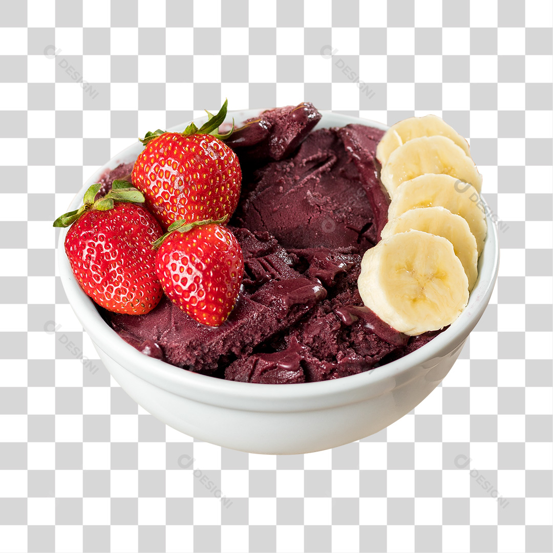 Açaí com Banana e Morango em Uma Tigela Branca PNG Transparente Sem Fundo