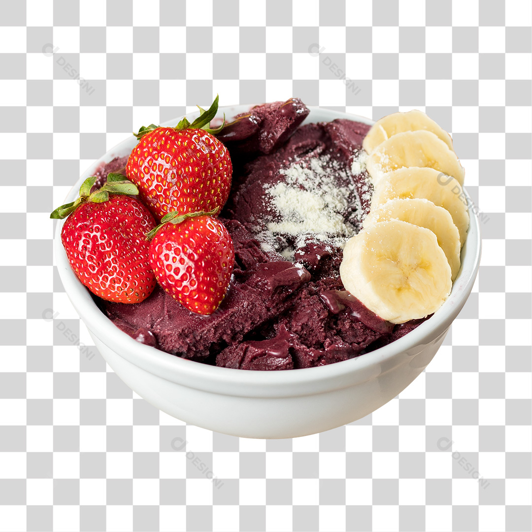 Açaí com Banana Morango e Leite em Pó em Uma Tigela Branca PNG Transparente Sem Fundo
