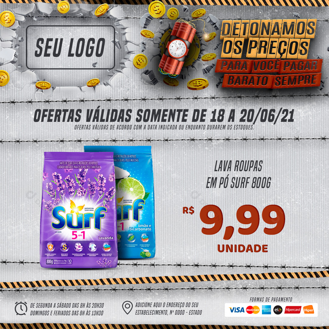 Supermercado Detona os Preços Lava Roupa em Pó Surf Social Media PSD Editável