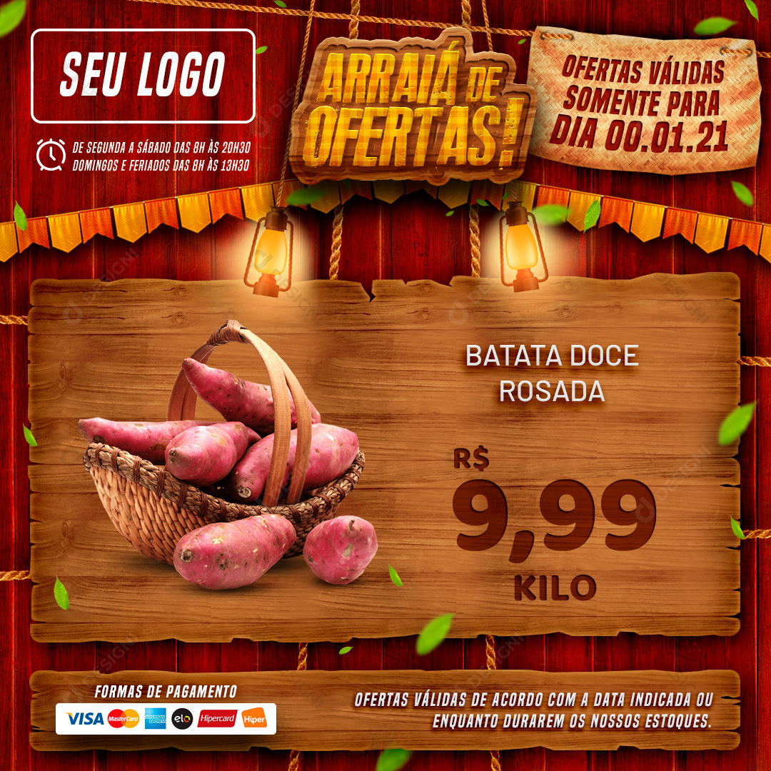 Arraiá de Ofertas Supermercado Batata Doce Social Media PSD Editável