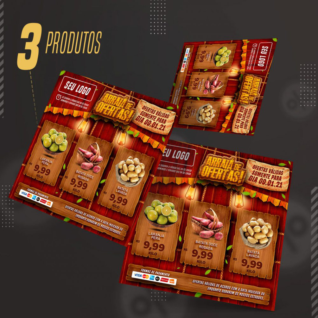 Arraiá de Ofertas Supermercado Produtos Social Media PSD Editável