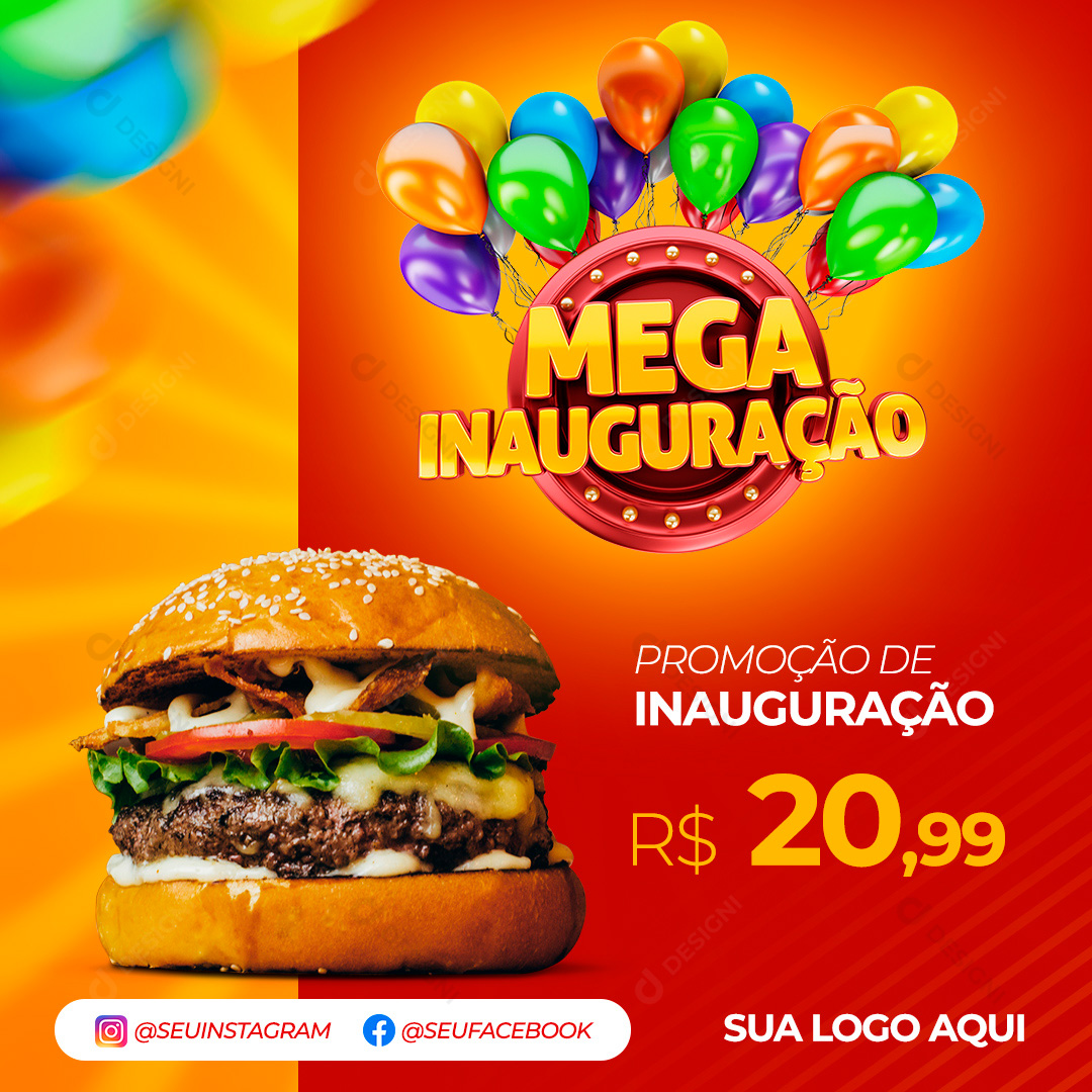 Mega Inauguração Hambúrgueria Promoção Hamburguer Social Media PSD Editável