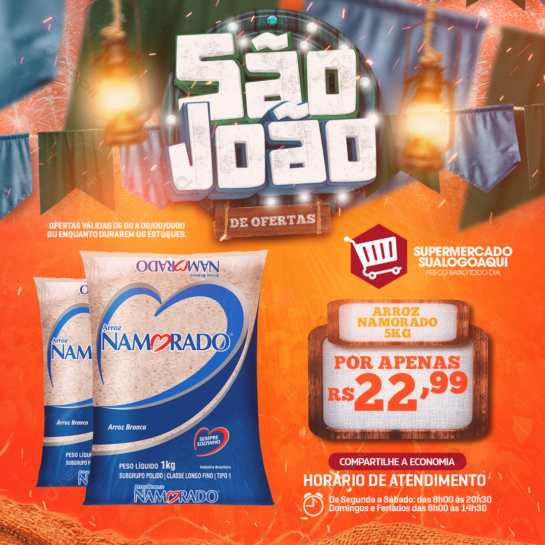 São João de Ofertas Supermercado Arroz Namorado Social Media PSD Editável