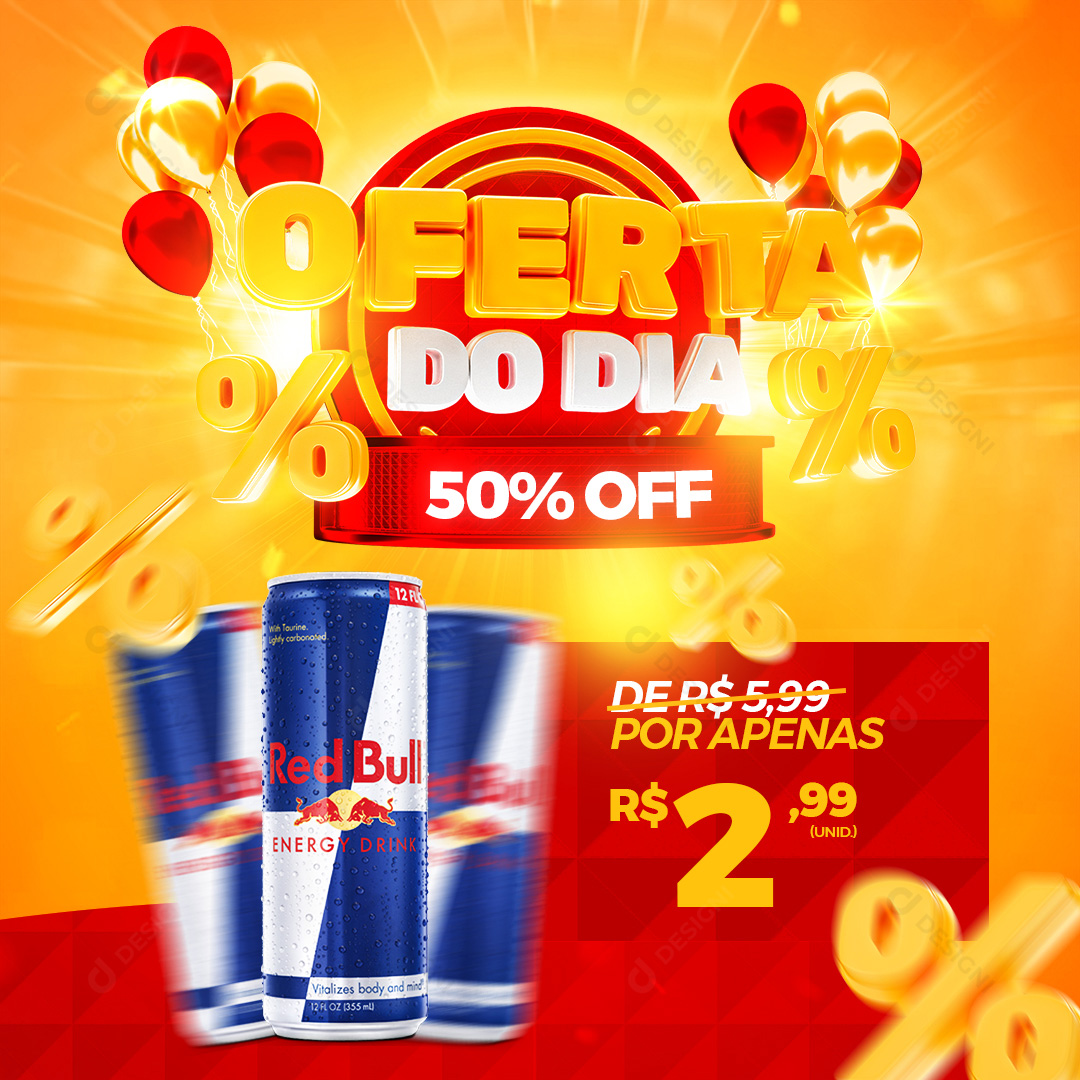 Oferta do Dia 50%Off Distribuidora Energético RedBull Social Media PSD Editável