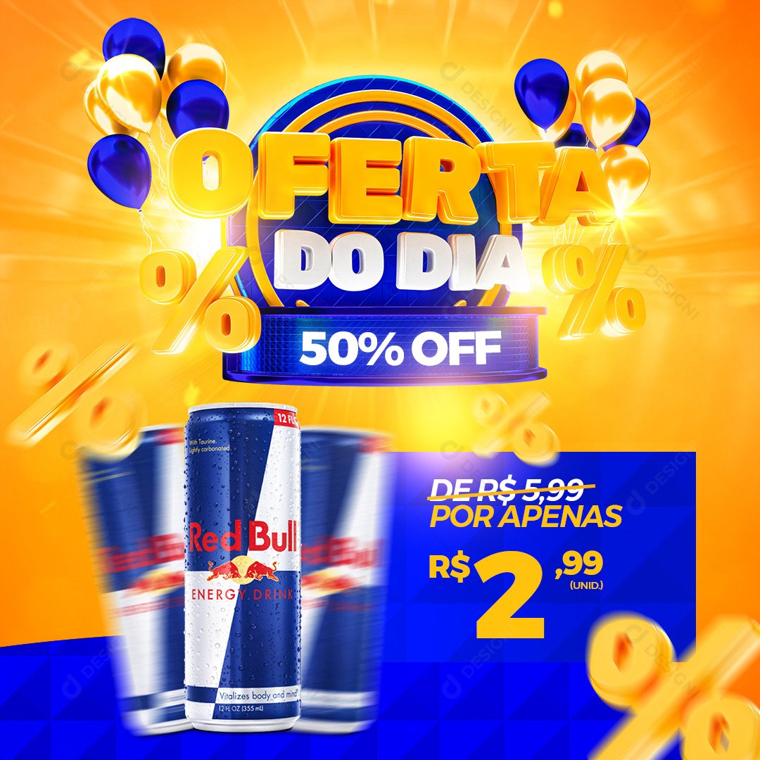 Oferta do Dia 50%Off Distribuidora Energético RedBull Social Media PSD Editável
