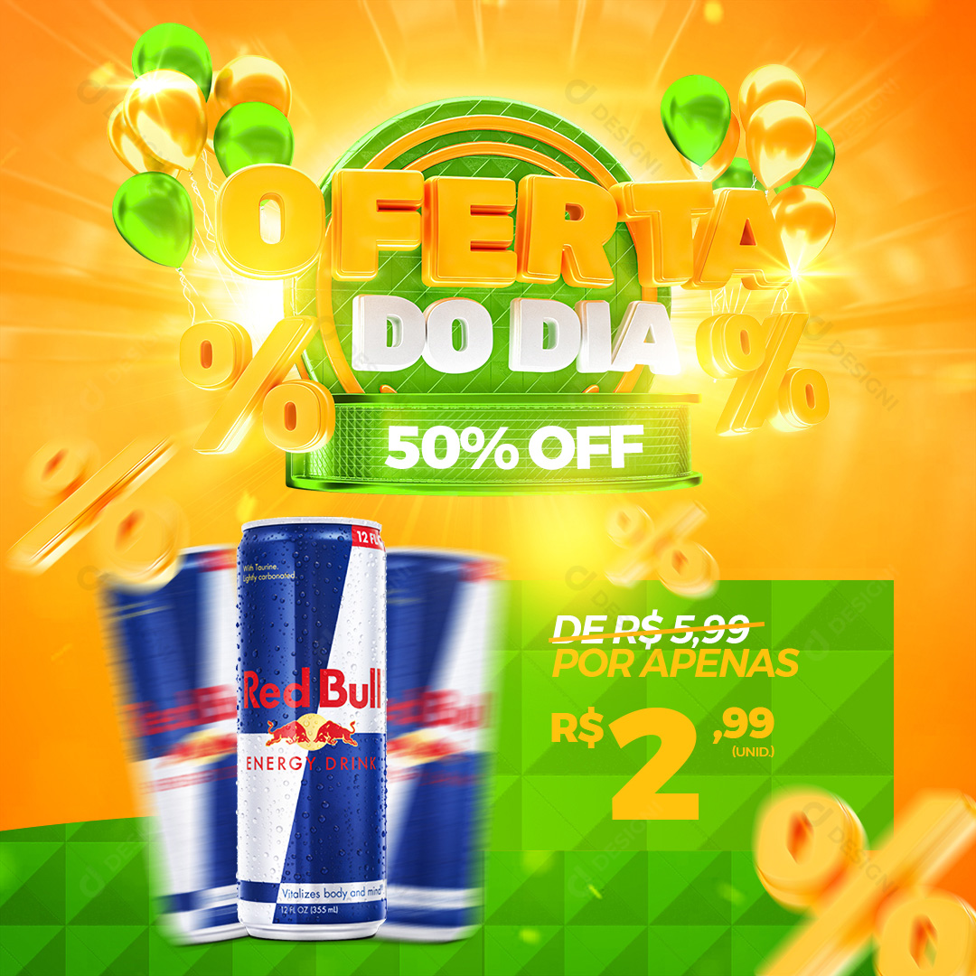 Oferta do Dia 50%Off Distribuidora Energético RedBull Social Media PSD Editável