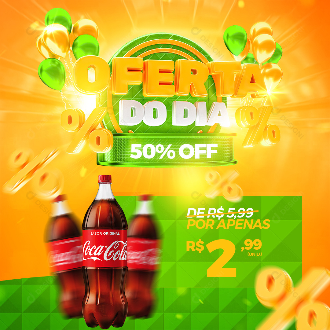 Oferta do Dia 50%Off Distribuidora Refrigerante Coca Cola Social Media PSD Editável