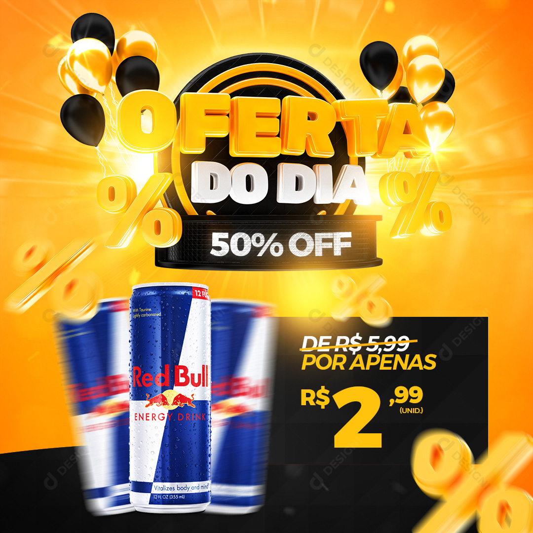 Oferta do Dia 50% Off Distribuidora Energético RedBull Social Media PSD Editável