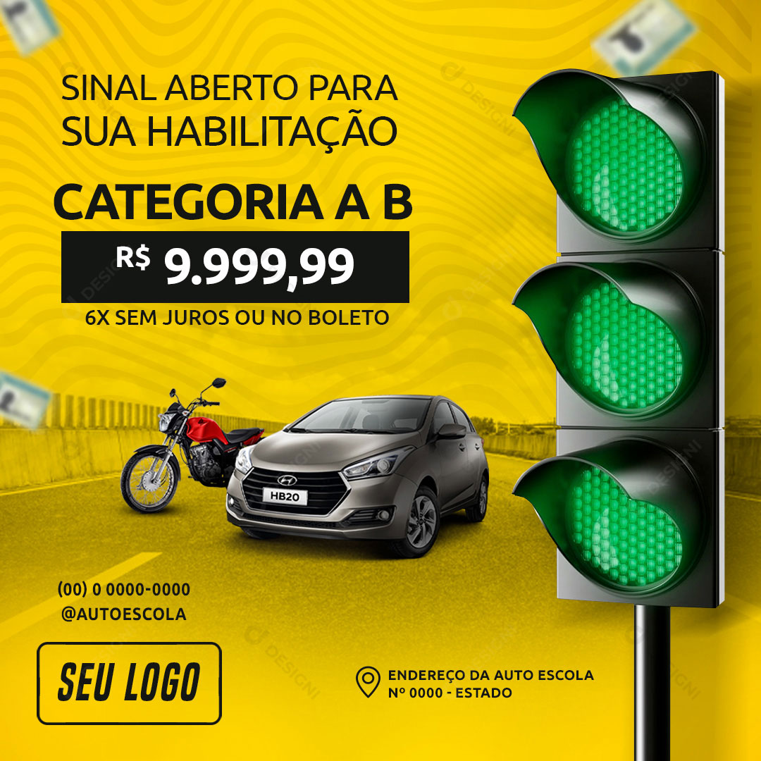 CNH Auto Escola Sinal Aberto Para Sua Habilitação Social Media PSD Editável