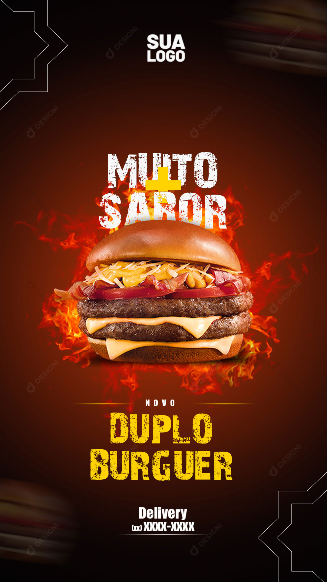 Hambúrgueria Muito + Sabor Duplo Burguer Story Social Media PSD Editável