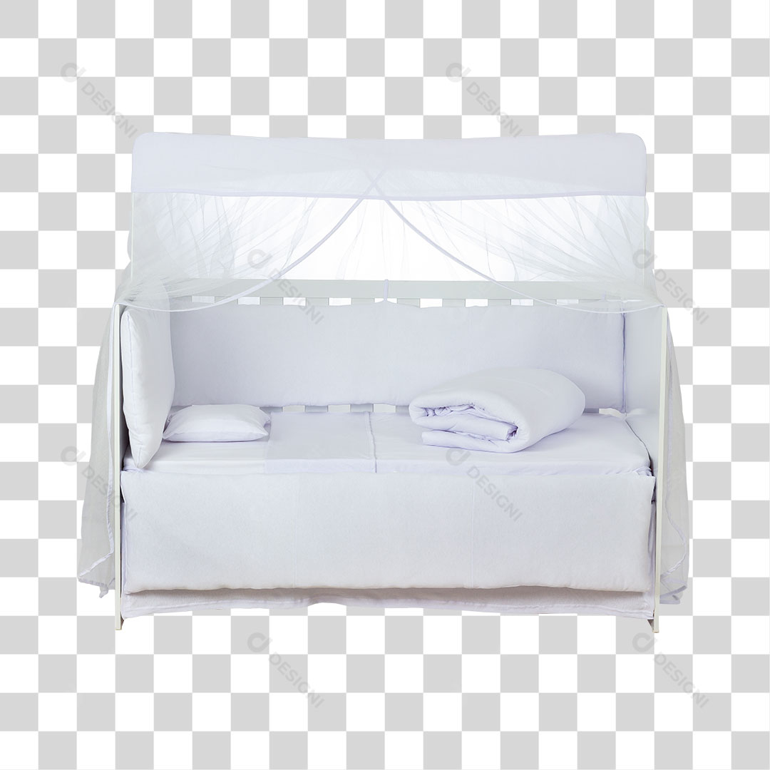 Berço de Bebê Branco Com Travesseiro Lencol Edredon e Mosqueteiro PNG Transparente