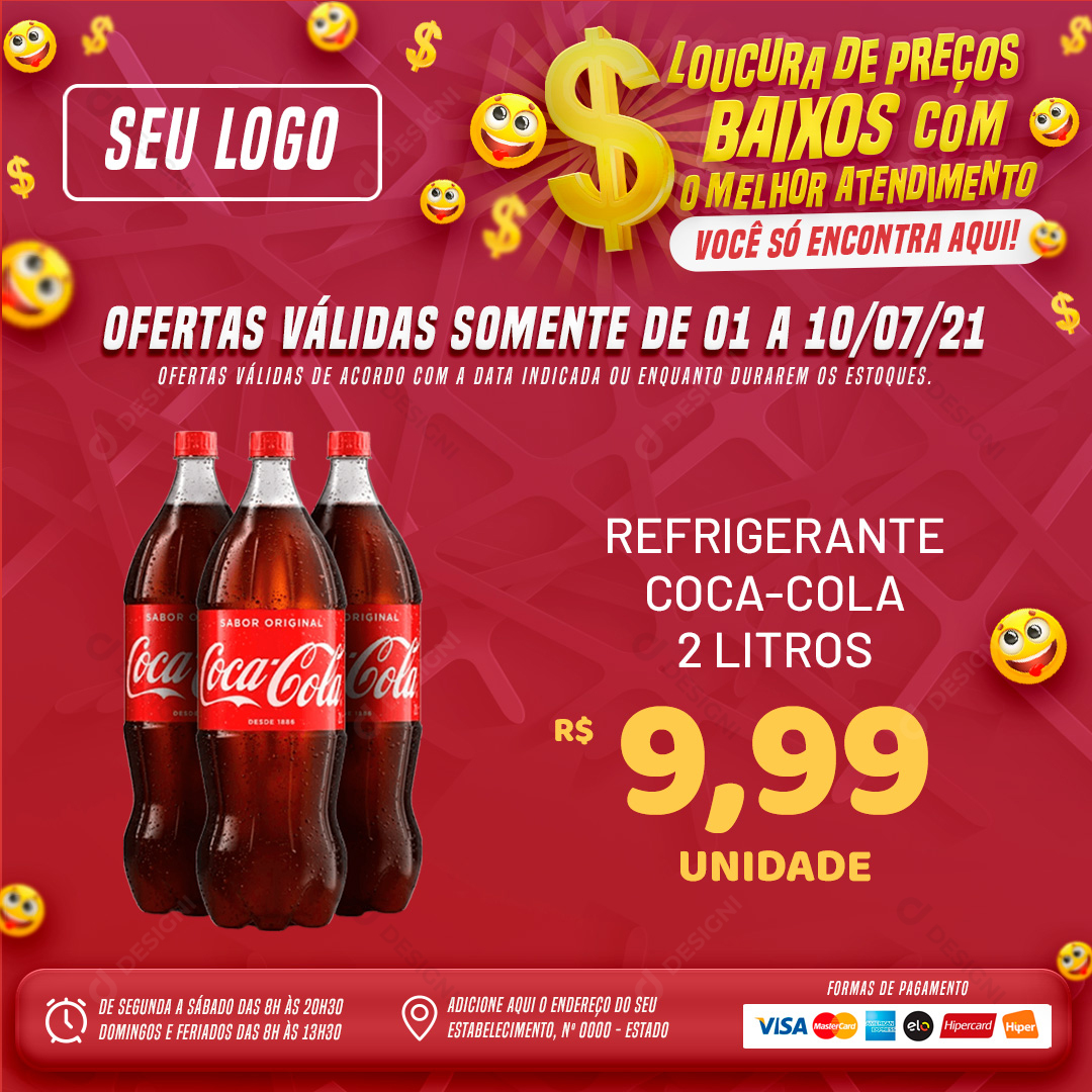 Encarte Supermercado Loucura de Preços Baixos Refrigerante Social Media PSD Editável