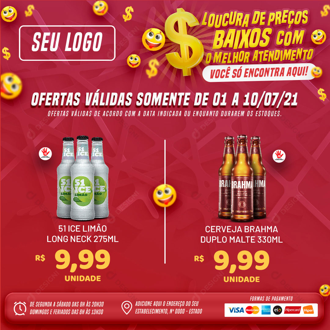 Encarte Supermercado Loucura de Preços Baixos Produtos Social Media PSD Editável