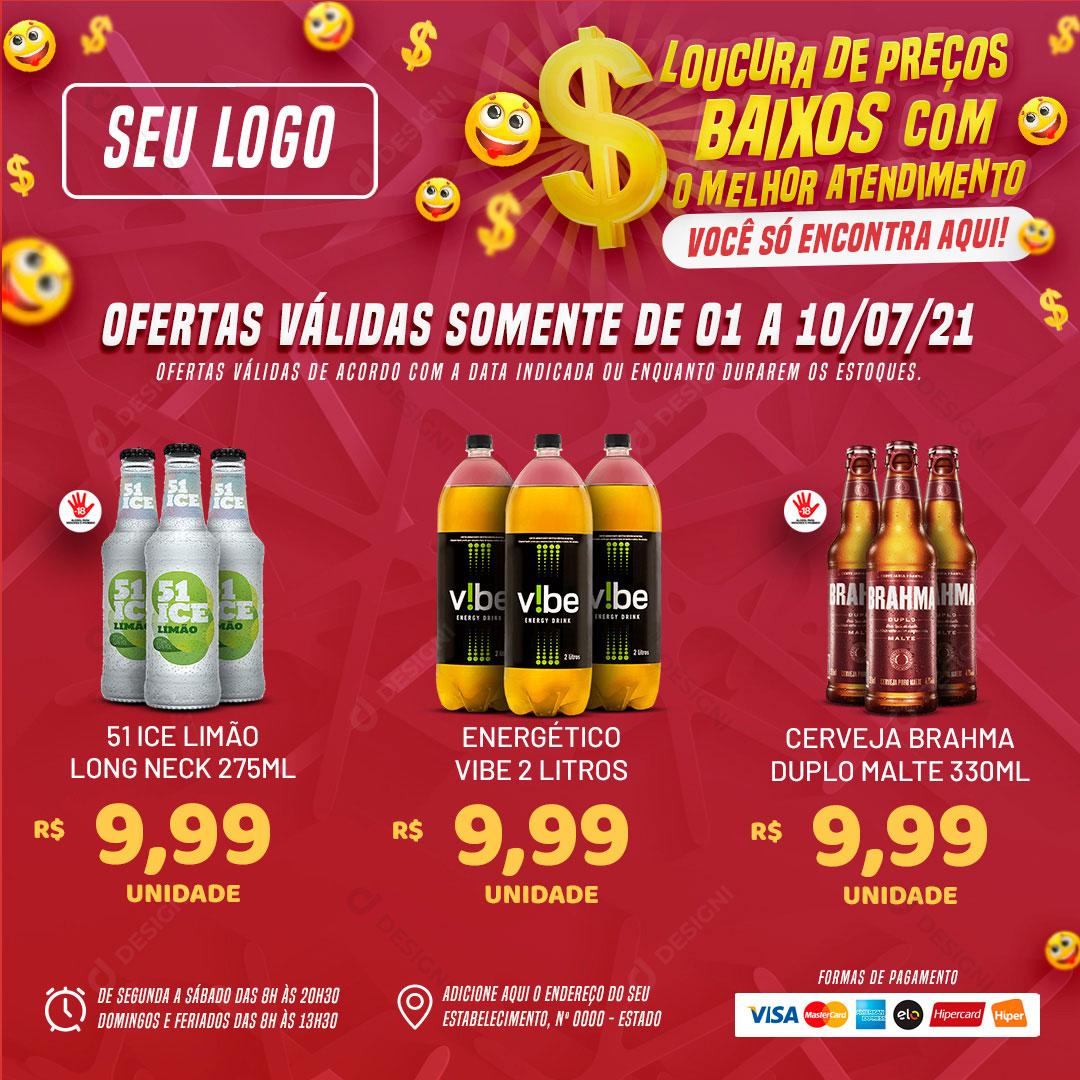 Encarte Supermercado Loucura de Preços Baixos Produtos Social Media PSD Editável