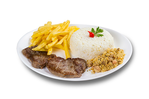 Carne, Arroz, Feijão, Batata e Farofa com Acompanhamentos